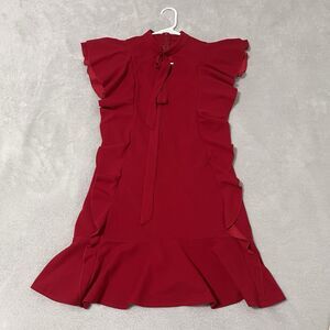 Ruffled Faux-Wrap Mini Dress Small Red Solid Stretch Frill Accent Back Zip